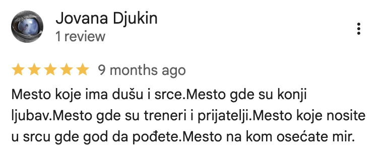 Google recenzija, Jovana Đukin: Mesto koje ima dušu i srce. Mesto na kom osećate mir.