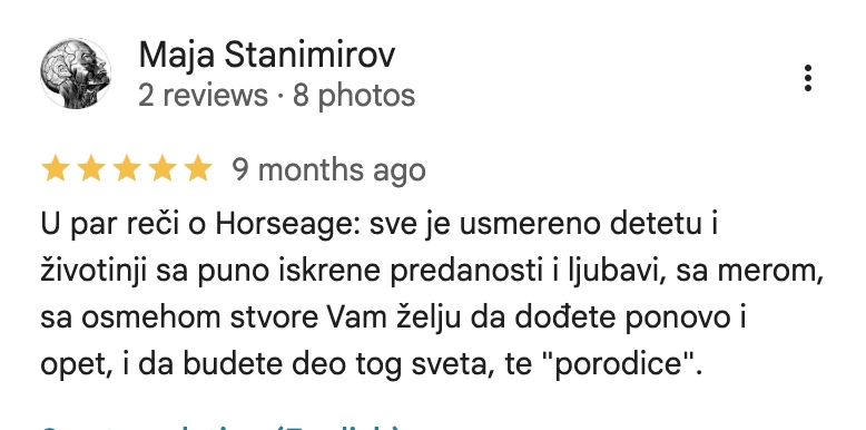 Google recenzija, Maja Stanimirov: Sve je usmereno detetu i životinji, sa puno iskrene predanosti i ljubavi.