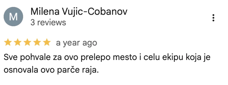 Google recenzija, Milena Vujić-Čobanov: Sve pohvale za ovo prelepo mesto i celu ekipu.