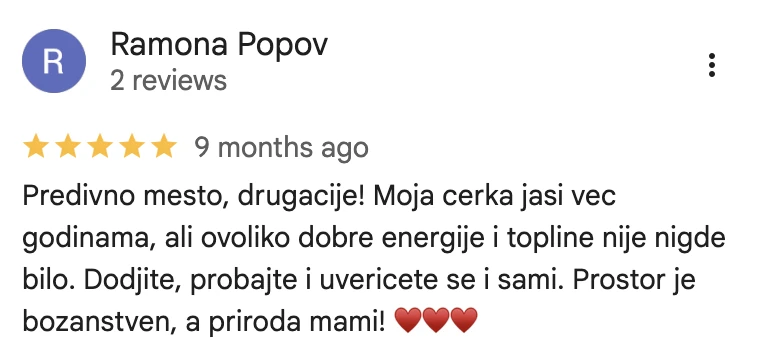 Google recenzija, Ramona Popov: Predivno mesto, drugačije! Moja ćerka jaše već godinama, ali ovoliko dobre energije i topline nije nigde bilo.